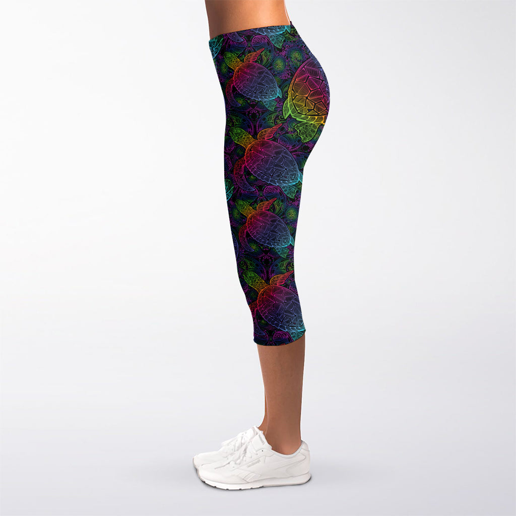 Colorful Sea Turtle Pattern Print Women's Capri Leggings
