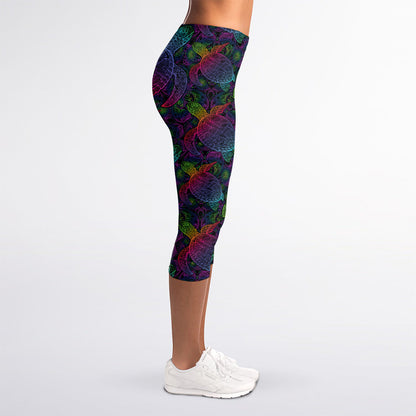 Colorful Sea Turtle Pattern Print Women's Capri Leggings