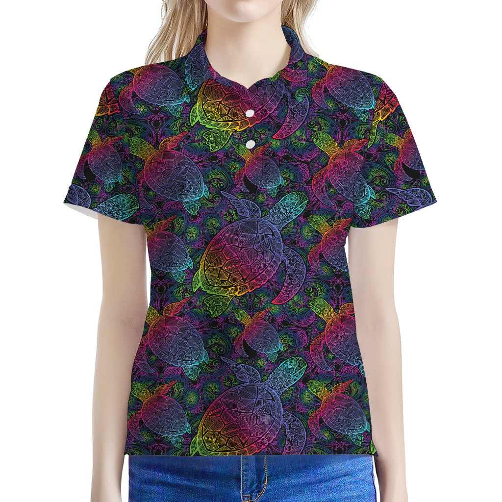 Colorful Sea Turtle Pattern Print Women's Polo Shirt