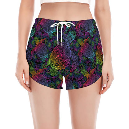 Colorful Sea Turtle Pattern Print Women's Split Running Shorts
