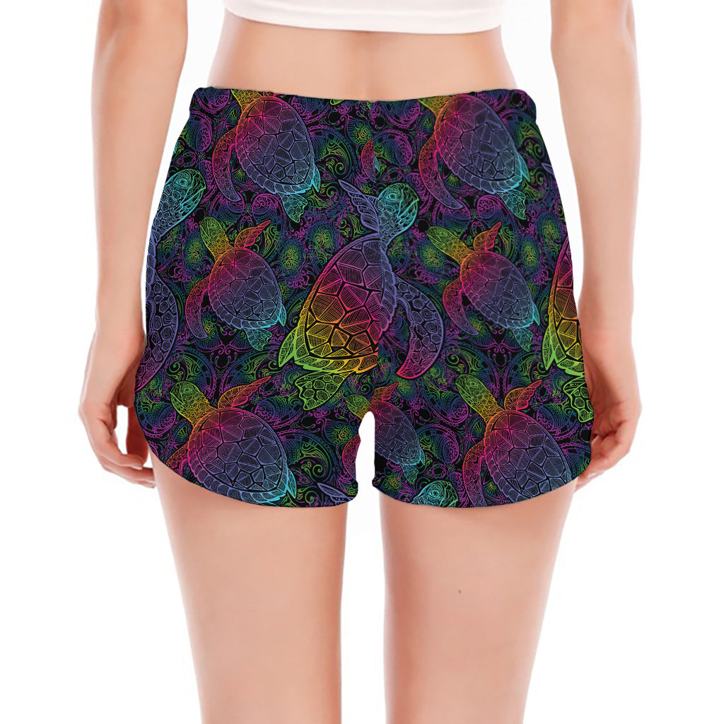 Colorful Sea Turtle Pattern Print Women's Split Running Shorts