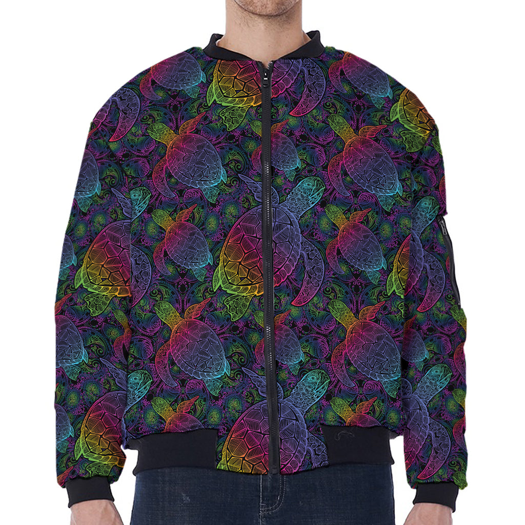 Colorful Sea Turtle Pattern Print Zip Sleeve Bomber Jacket