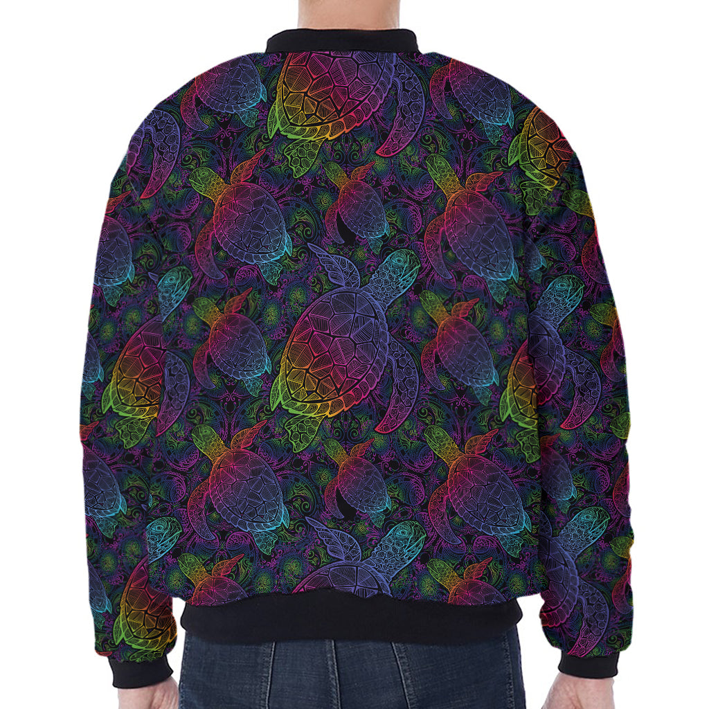 Colorful Sea Turtle Pattern Print Zip Sleeve Bomber Jacket