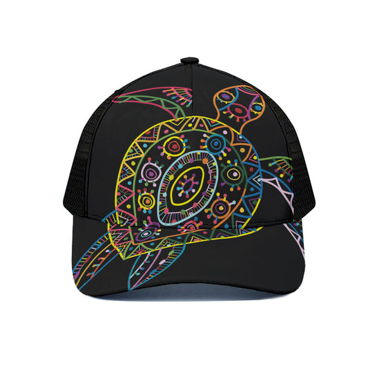 Colorful Sea Turtle Print Black Mesh Trucker Cap