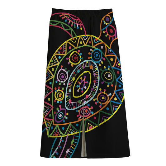 Colorful Sea Turtle Print Cotton Front Slit Maxi Skirt