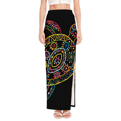 Colorful Sea Turtle Print High Slit Maxi Skirt