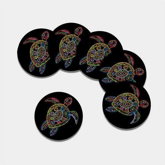 Colorful Sea Turtle Print Leather Coaster Set