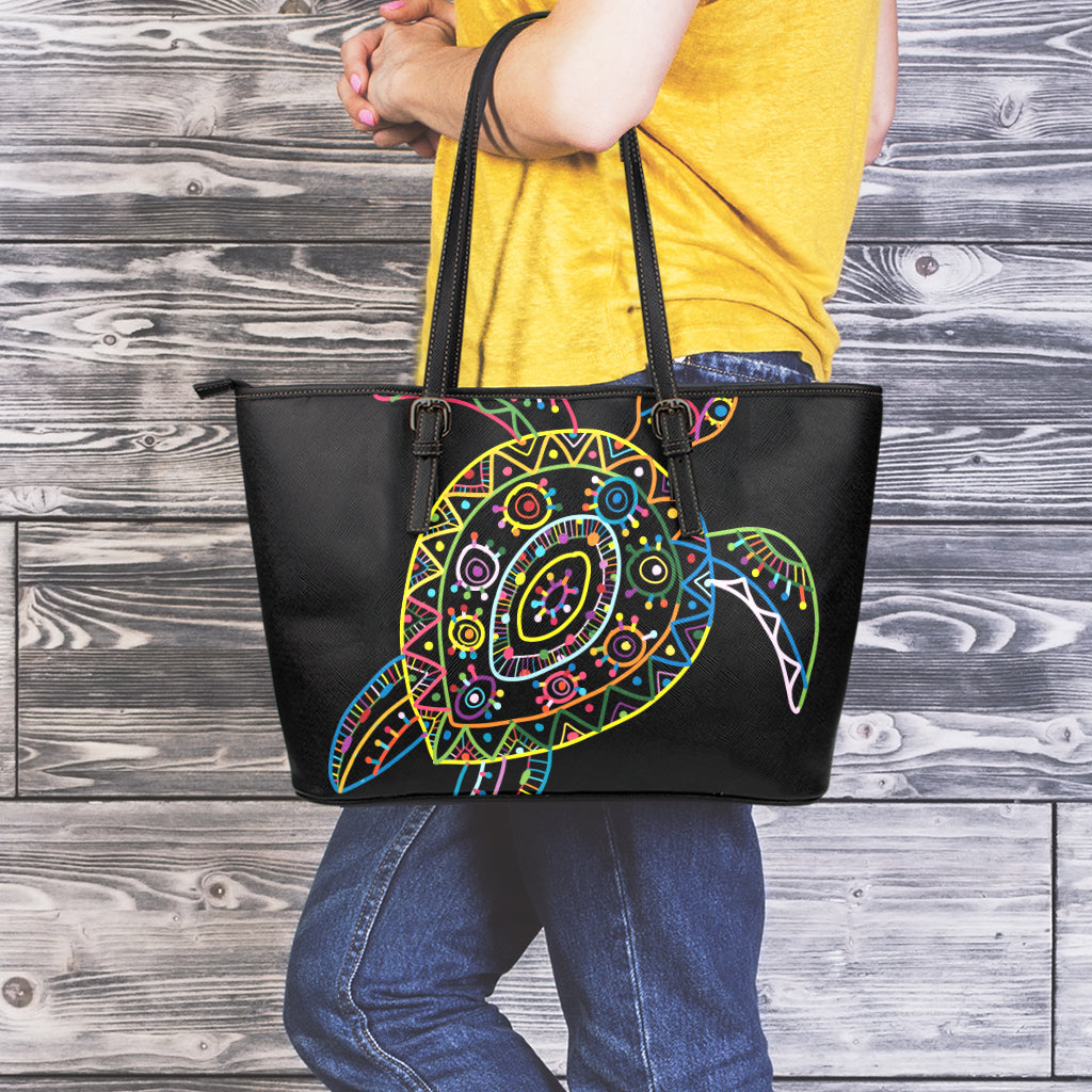 Colorful Sea Turtle Print Leather Tote Bag