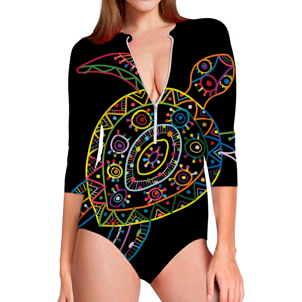 Colorful Sea Turtle Print Long Sleeve Swimsuit