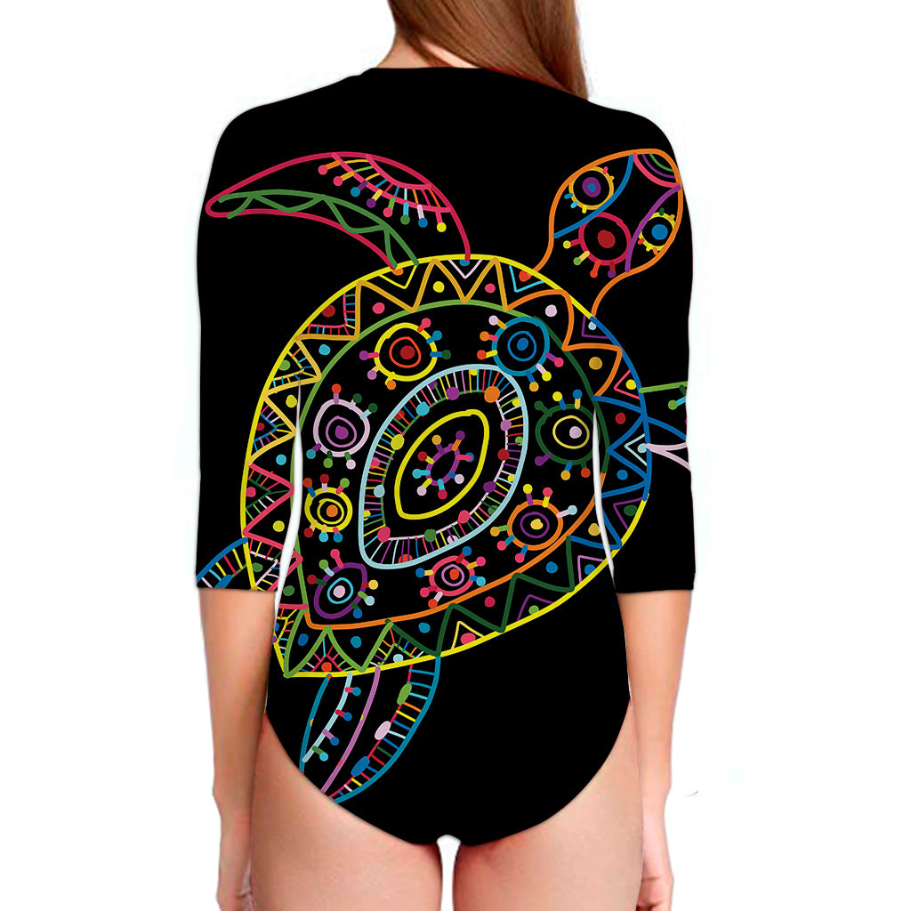 Colorful Sea Turtle Print Long Sleeve Swimsuit
