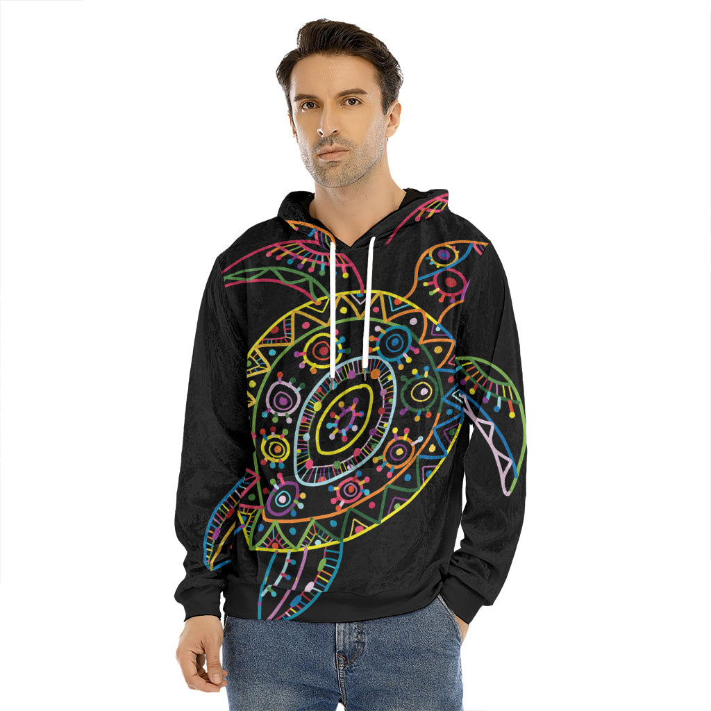 Colorful Sea Turtle Print Men's Velvet Pullover Hoodie