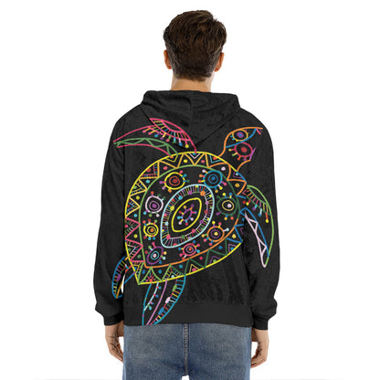 Colorful Sea Turtle Print Men's Velvet Pullover Hoodie