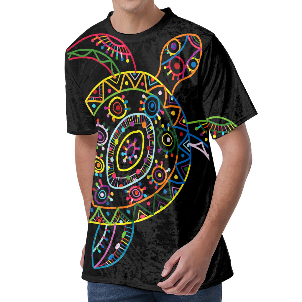 Colorful Sea Turtle Print Men's Velvet T-Shirt