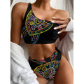 Colorful Sea Turtle Print One Shoulder Bikini Set