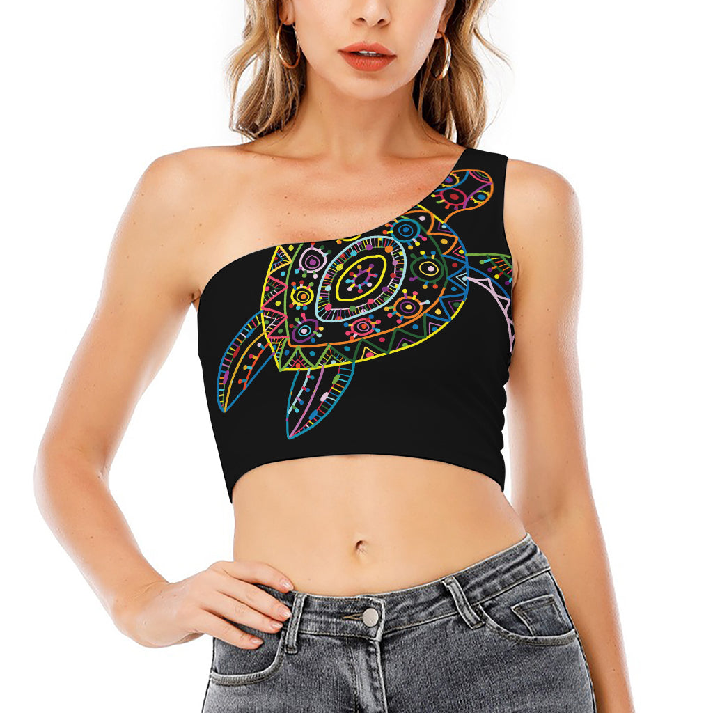 Colorful Sea Turtle Print One Shoulder Crop Top