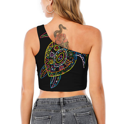 Colorful Sea Turtle Print One Shoulder Crop Top