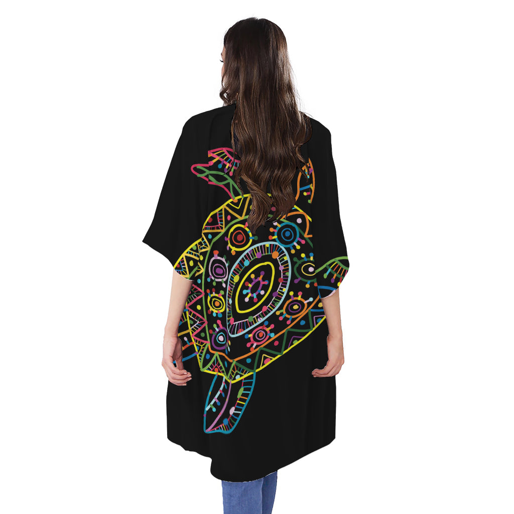 Colorful Sea Turtle Print Open Front Beach Cover Up