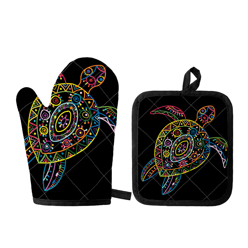 Colorful Sea Turtle Print Oven Mitt And Pot Holder Set
