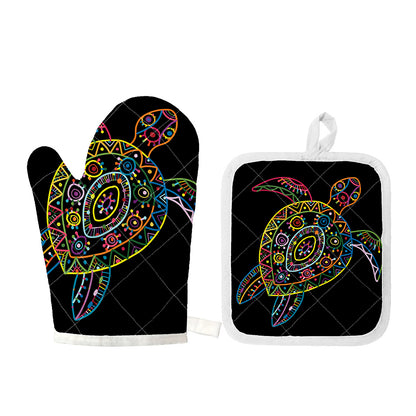 Colorful Sea Turtle Print Oven Mitt And Pot Holder Set