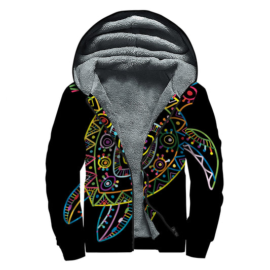 Colorful Sea Turtle Print Sherpa Lined Zip Up Hoodie