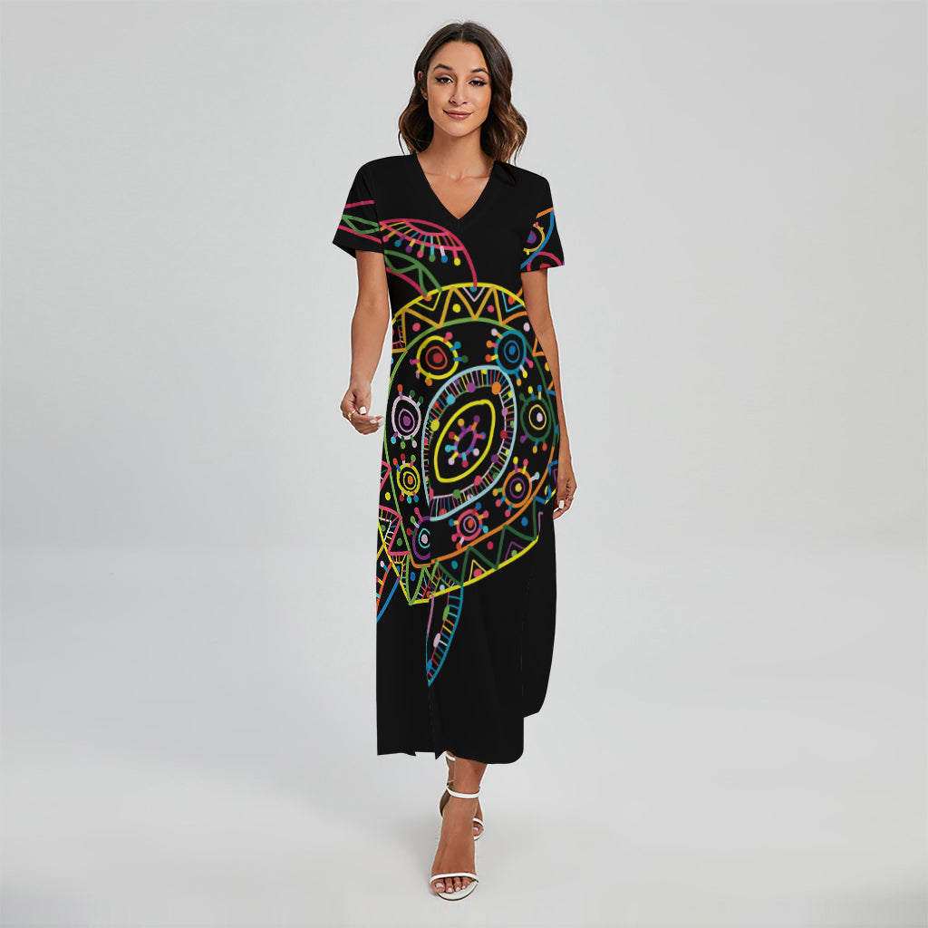 Colorful Sea Turtle Print Short Sleeve Maxi Dress