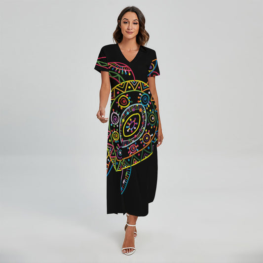 Colorful Sea Turtle Print Short Sleeve Maxi Dress