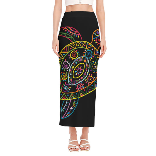 Colorful Sea Turtle Print Side Slit Maxi Skirt