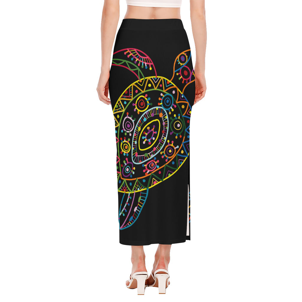 Colorful Sea Turtle Print Side Slit Maxi Skirt