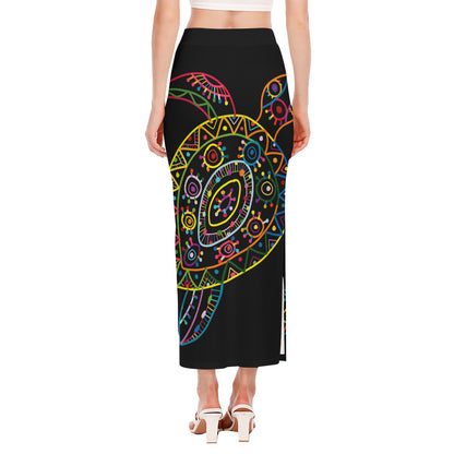 Colorful Sea Turtle Print Side Slit Maxi Skirt