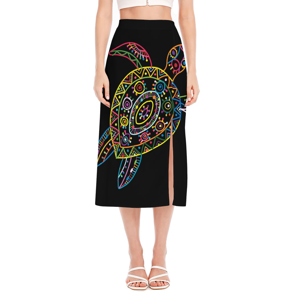 Colorful Sea Turtle Print Side Slit Midi Skirt