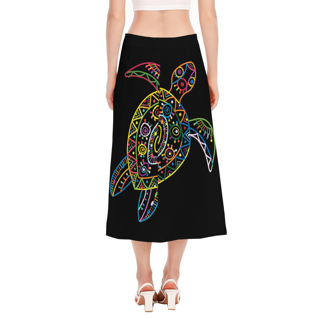 Colorful Sea Turtle Print Side Slit Midi Skirt