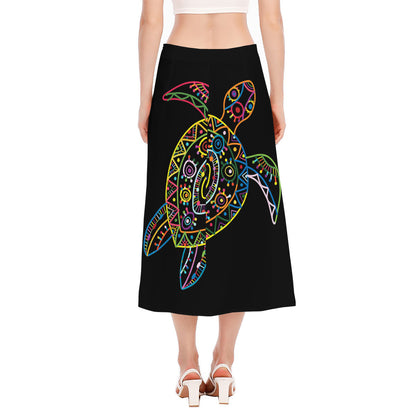 Colorful Sea Turtle Print Side Slit Midi Skirt