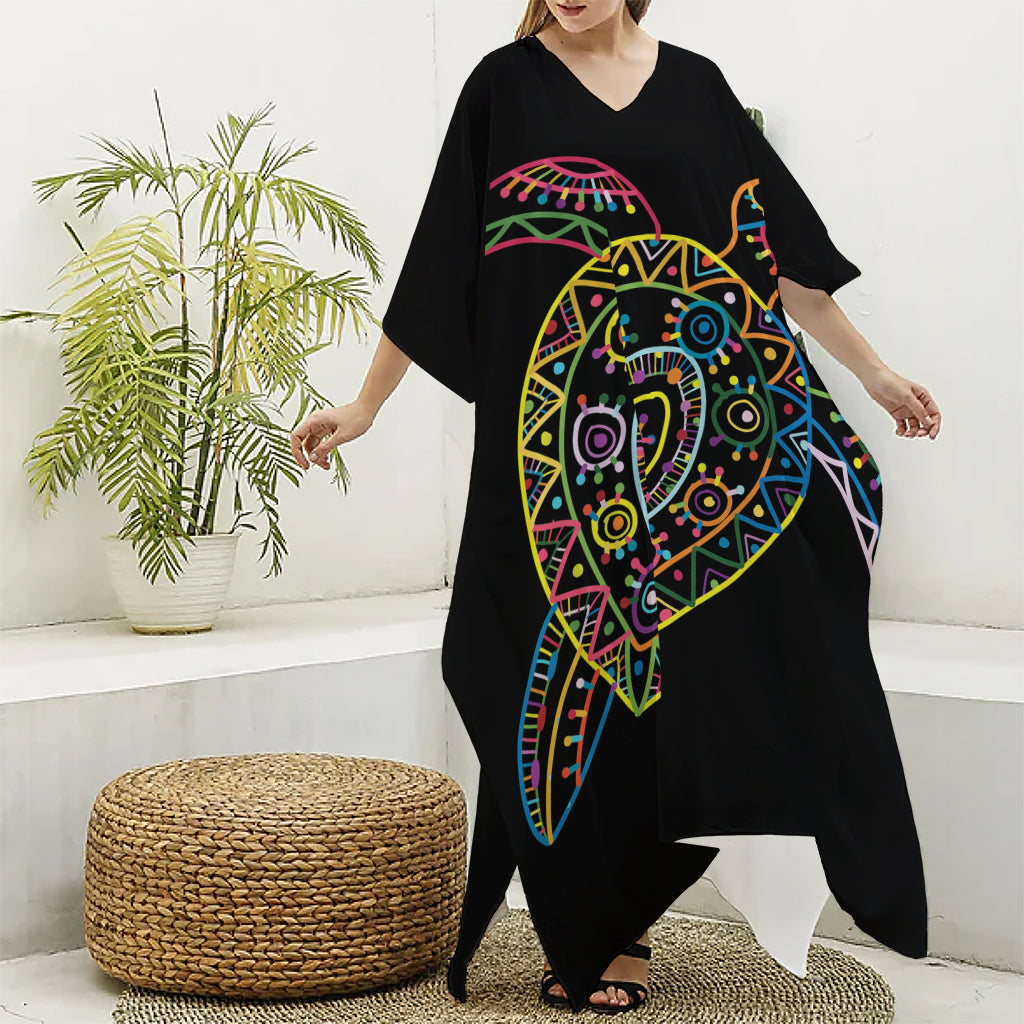 Colorful Sea Turtle Print Silk V-Neck Kaftan Dress