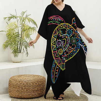 Colorful Sea Turtle Print Silk V-Neck Kaftan Dress