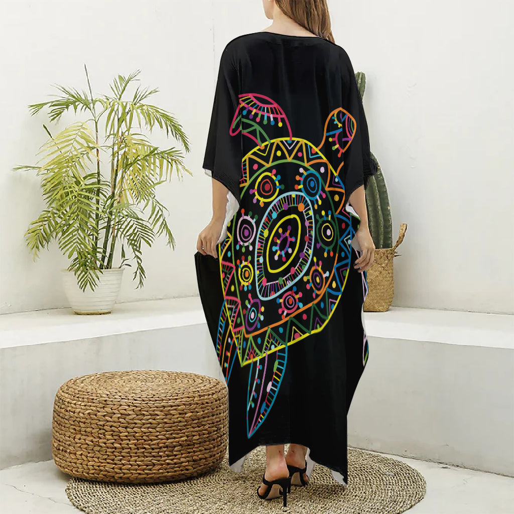 Colorful Sea Turtle Print Silk V-Neck Kaftan Dress