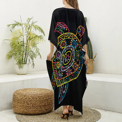 Colorful Sea Turtle Print Silk V-Neck Kaftan Dress