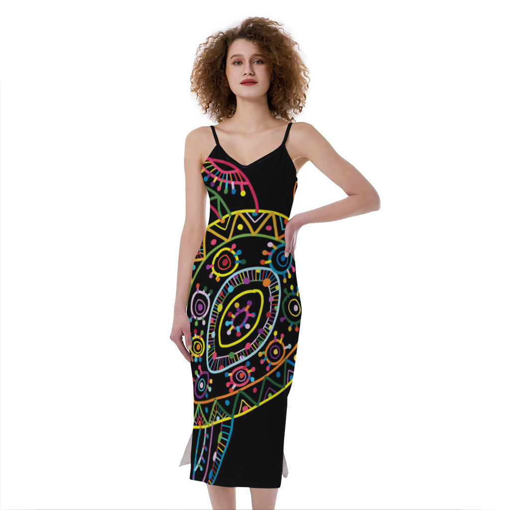 Colorful Sea Turtle Print Slim Fit Midi Cami Dress