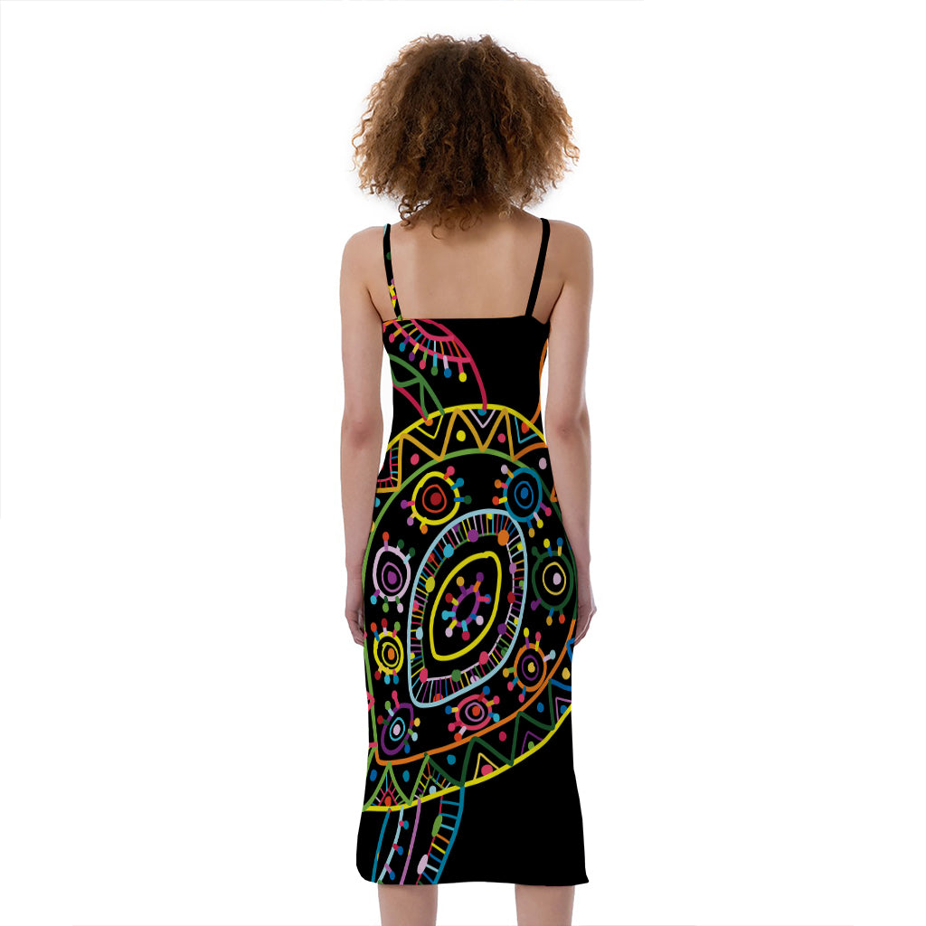Colorful Sea Turtle Print Slim Fit Midi Cami Dress