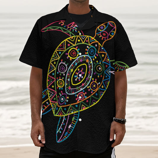 Colorful Sea Turtle Print Textured Short Sleeve Shirt