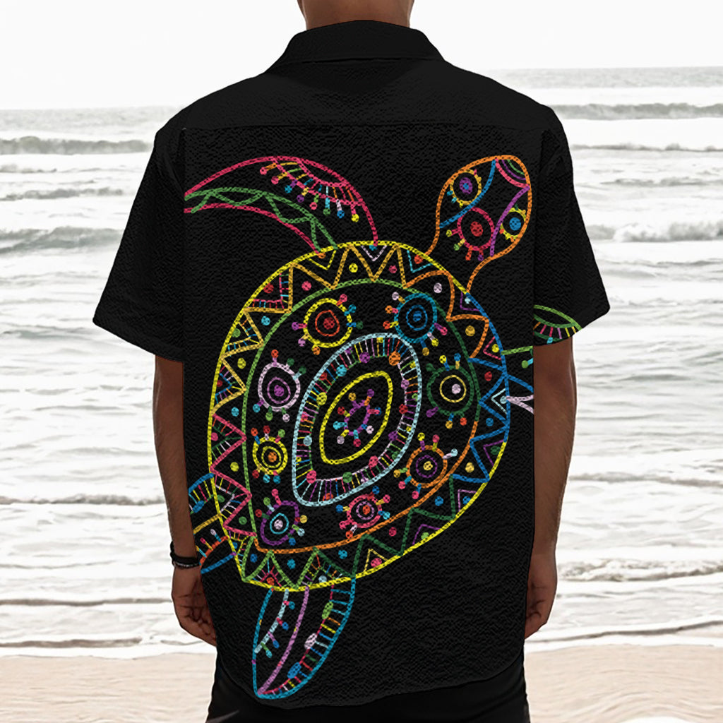 Colorful Sea Turtle Print Textured Short Sleeve Shirt