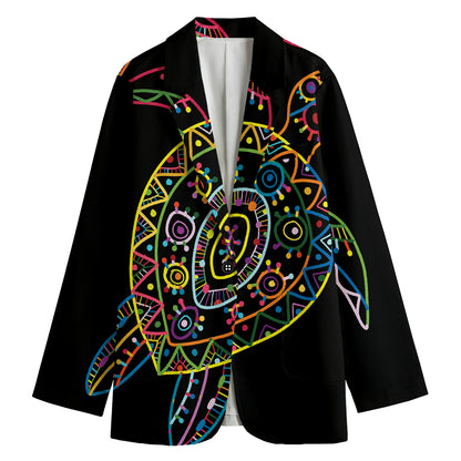 Colorful Sea Turtle Print Women's Cotton Blazer