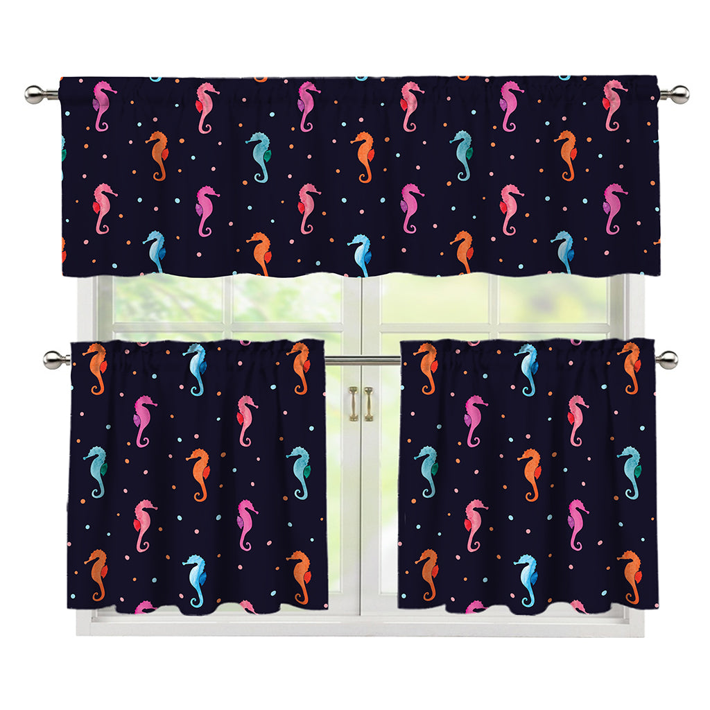 Colorful Seahorse Pattern Print 3 Piece Kitchen Curtains