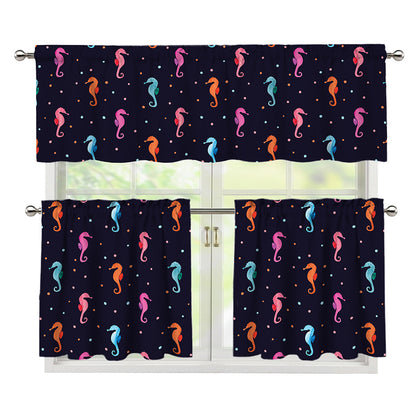 Colorful Seahorse Pattern Print 3 Piece Kitchen Curtains