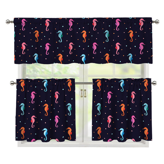 Colorful Seahorse Pattern Print 3 Piece Kitchen Curtains