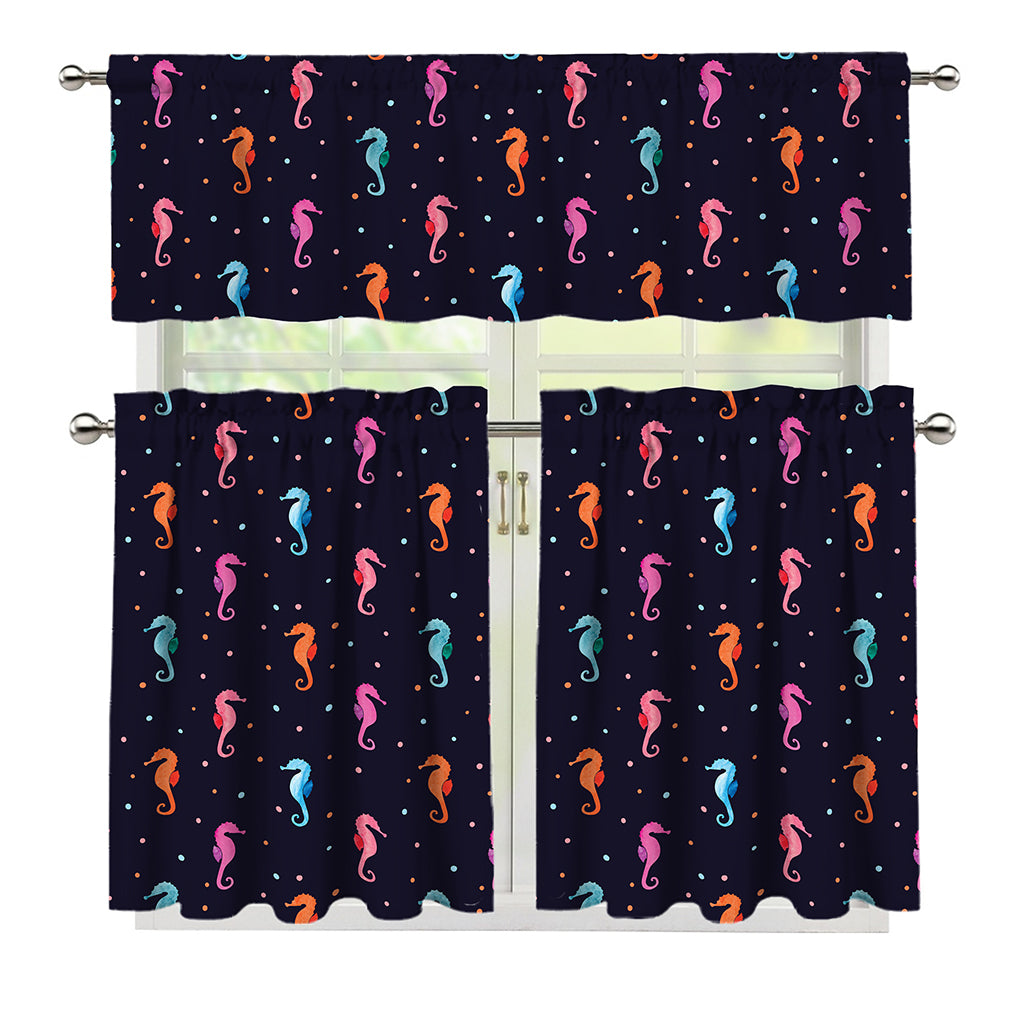 Colorful Seahorse Pattern Print 3 Piece Kitchen Curtains