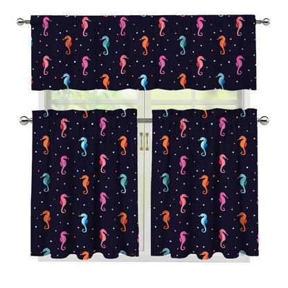 Colorful Seahorse Pattern Print 3 Piece Kitchen Curtains