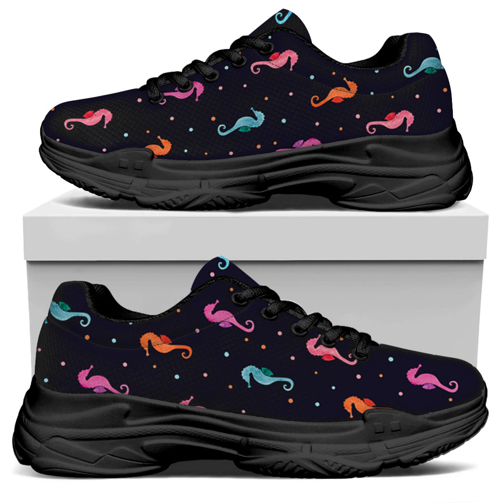 Colorful Seahorse Pattern Print Black Chunky Shoes