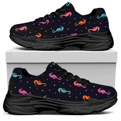 Colorful Seahorse Pattern Print Black Chunky Shoes