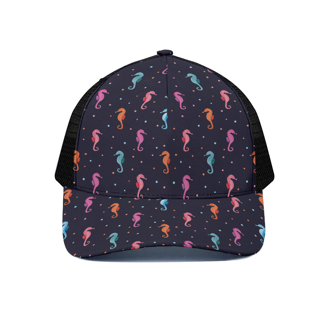 Colorful Seahorse Pattern Print Black Mesh Trucker Cap