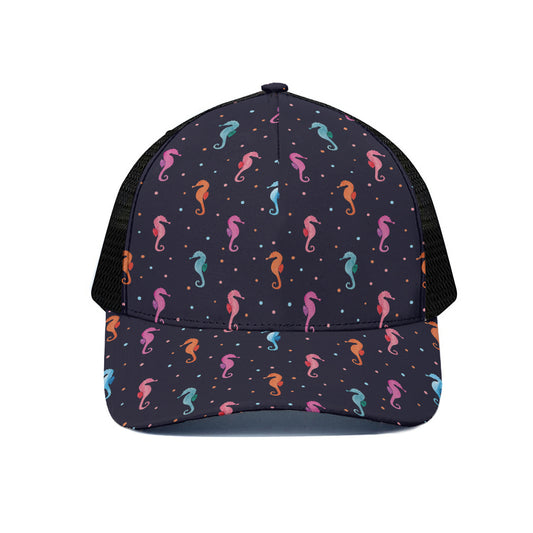 Colorful Seahorse Pattern Print Black Mesh Trucker Cap